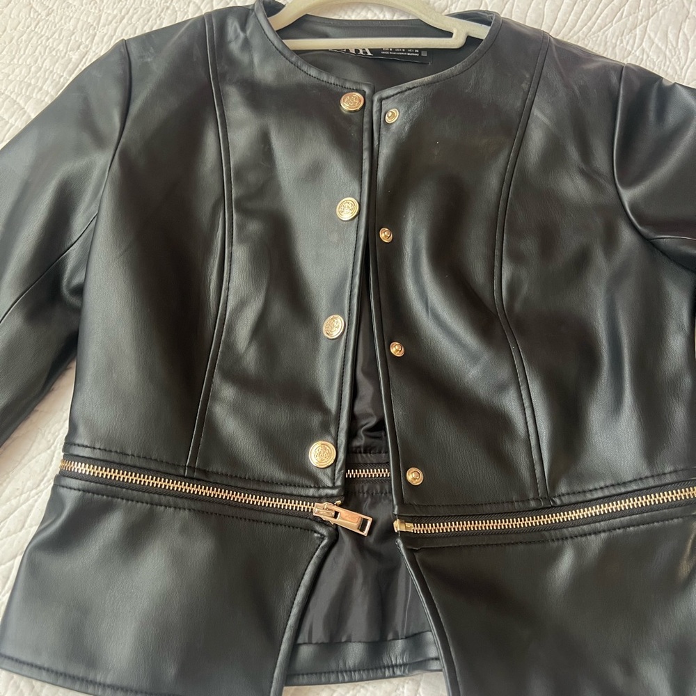 Zara Black Leather Jacket with Gold Accents